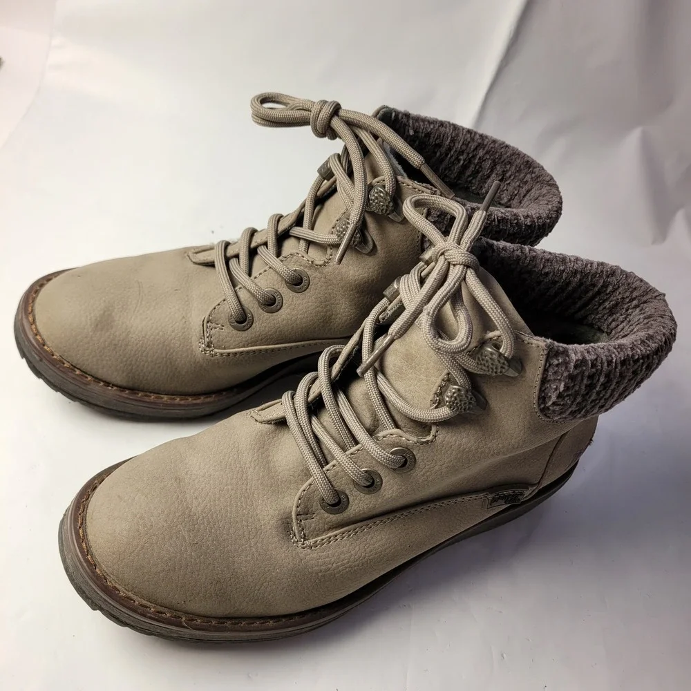 Blowfish Malibu Ankle Boots Womens 8 Taupe Knit Collar Wedge B138 Lace‎ Up